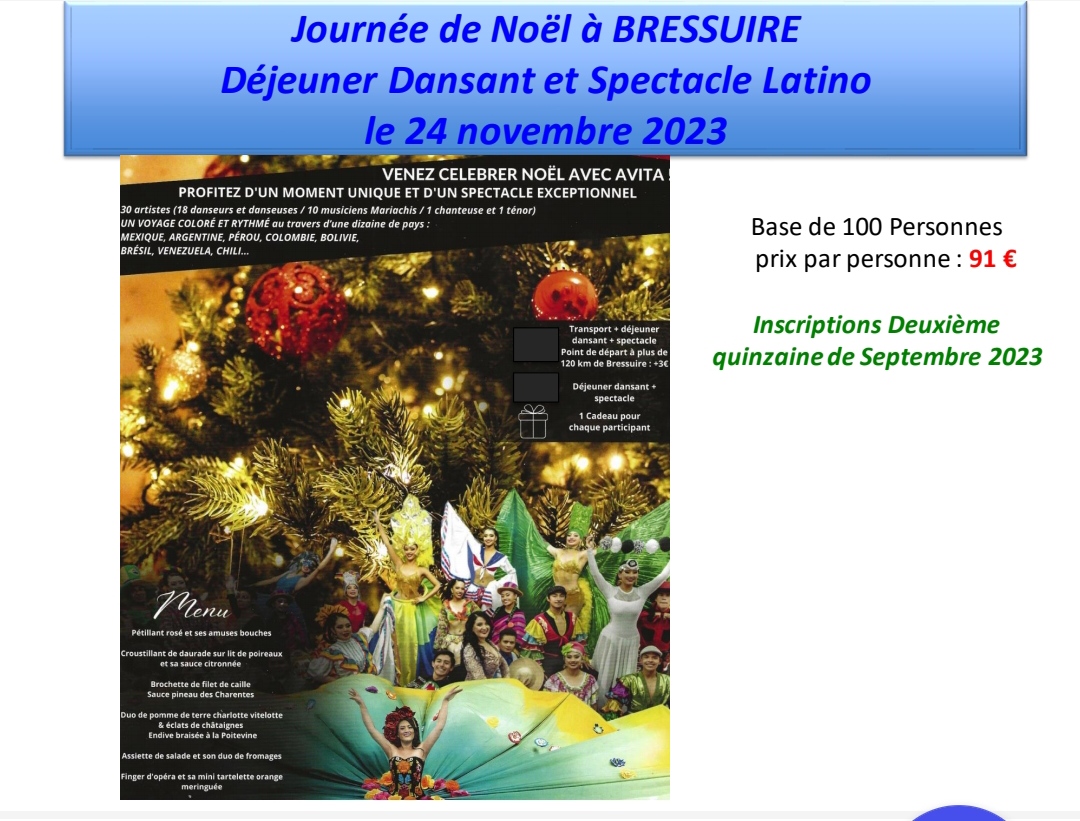 Journée de Noël à BRESSUIRE Déjeuner Dansant et Spectacle Latino